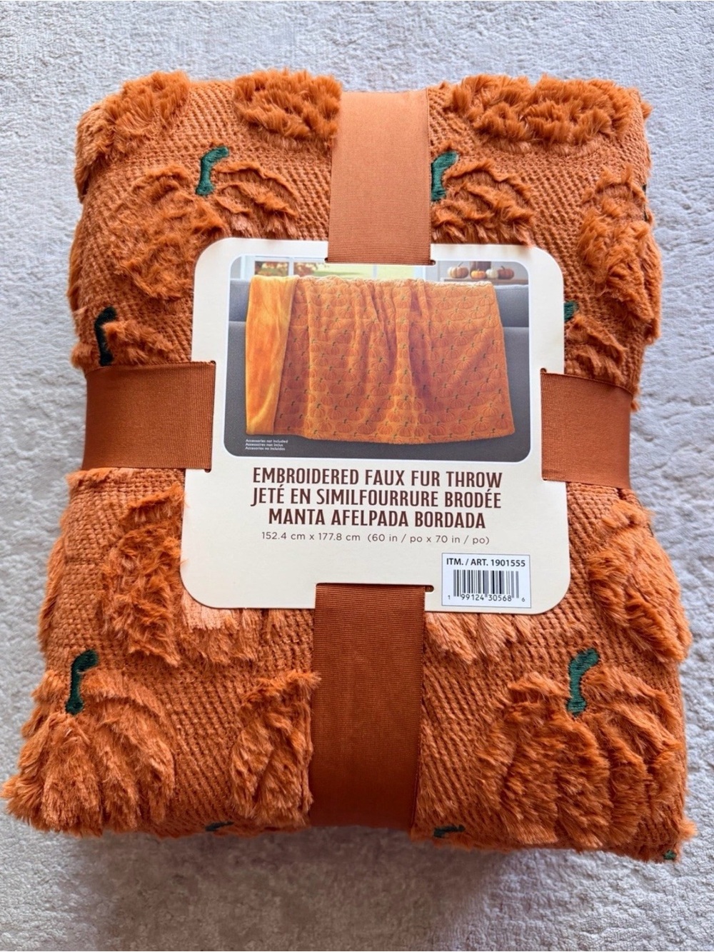 NWT Costco Halloween Pumpkin Embroidered Faux Fur Blanket